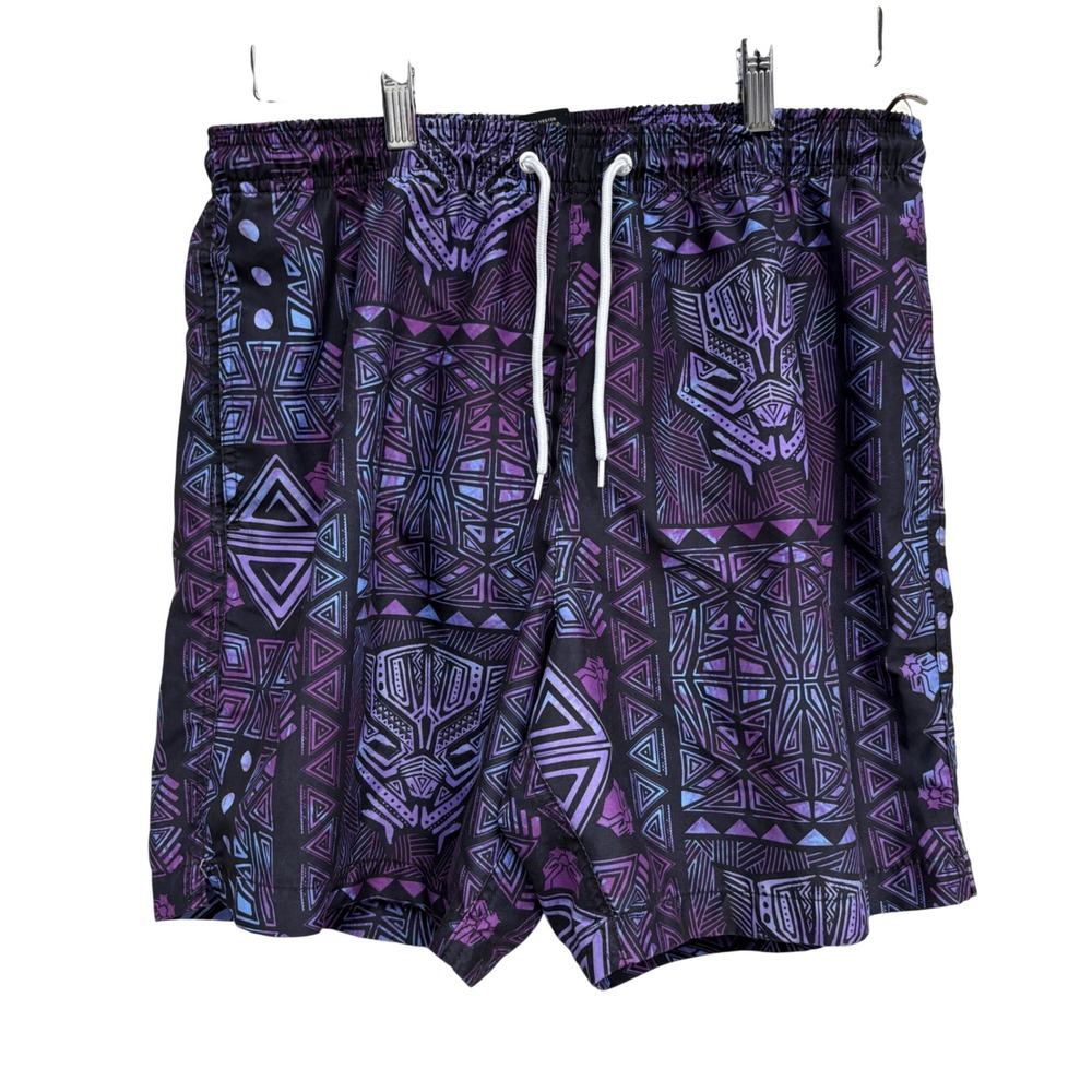 Marvel Black Panther Swim Trunks Mens Medium Purple Blue Tribal Geometric Mask